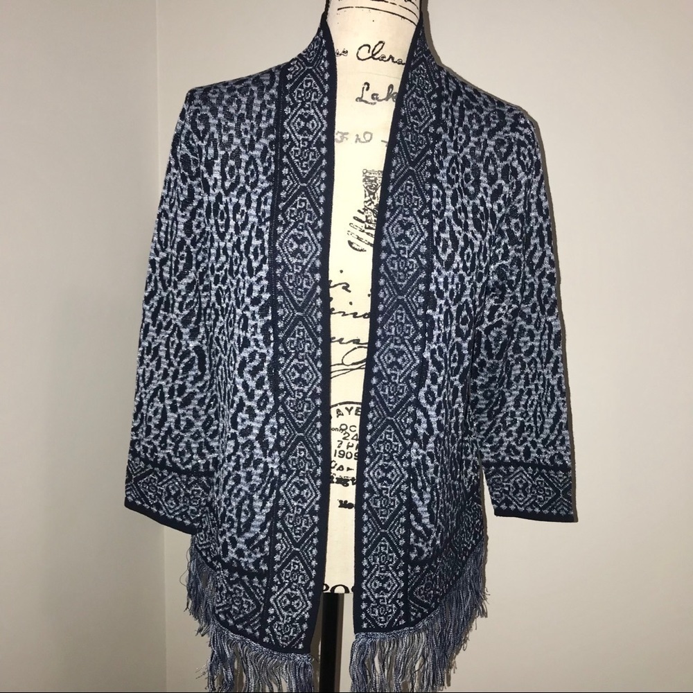 RUBY RD SLATE BLUE LEOPARD FRINGE OPEN CARDIGAN